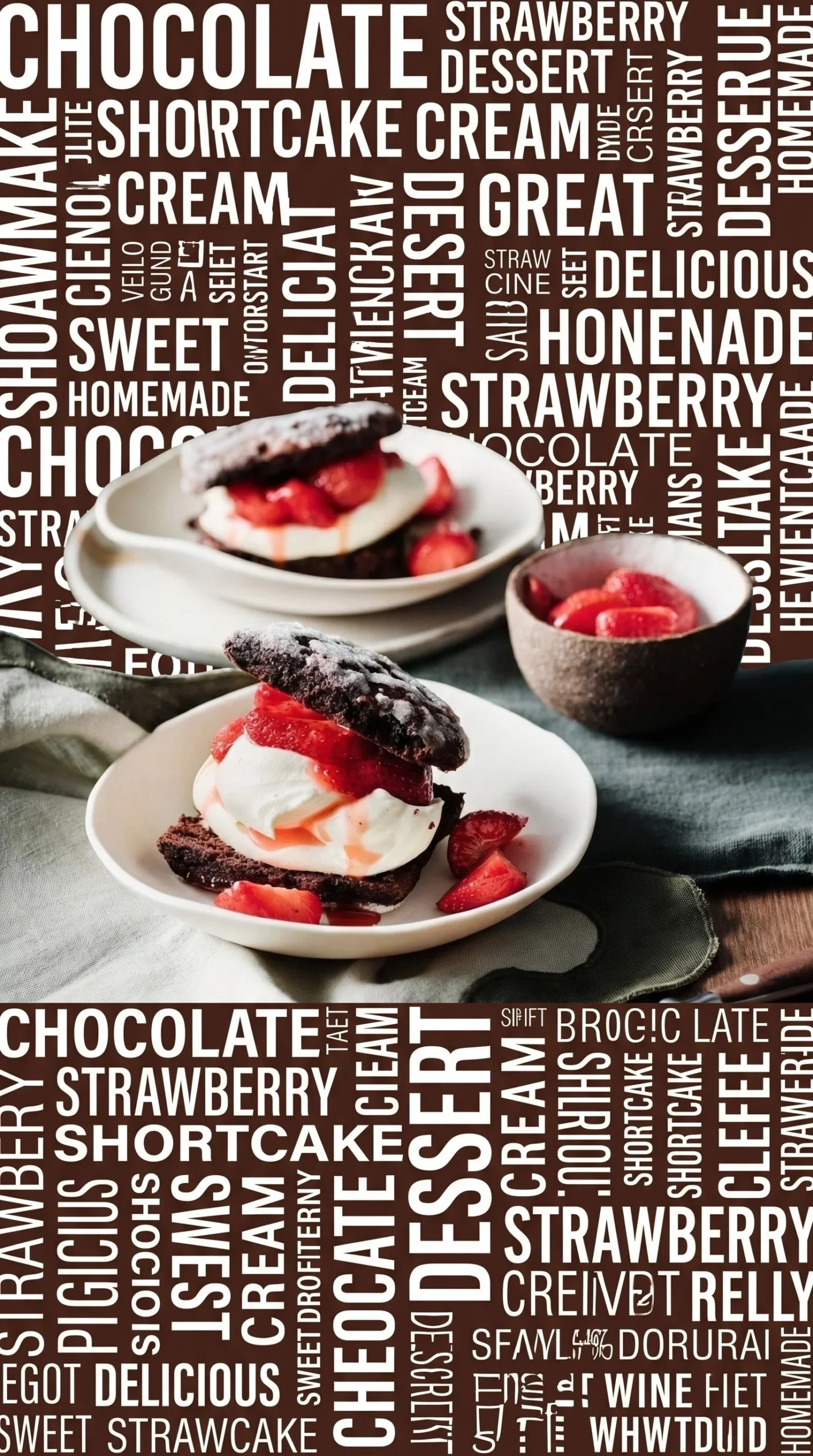 Delicious chocolate shortcakes served with strawberries and cream