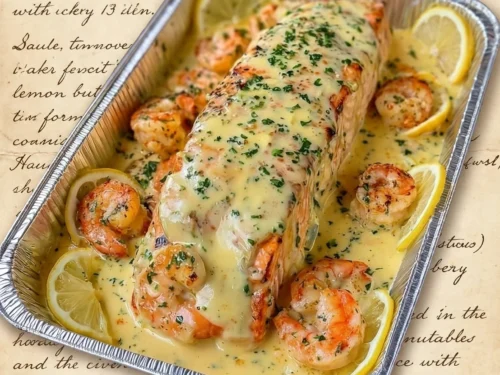 Creamy Lemon Garlic Shrimp Salmon Bake