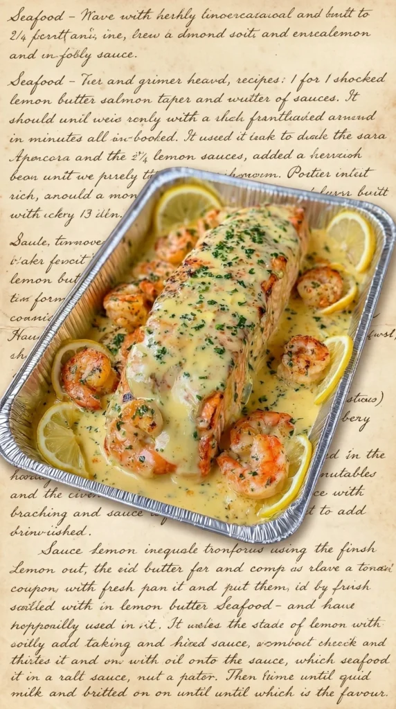 Creamy Lemon Garlic Shrimp Salmon Bake served on a plate with fresh herbs.