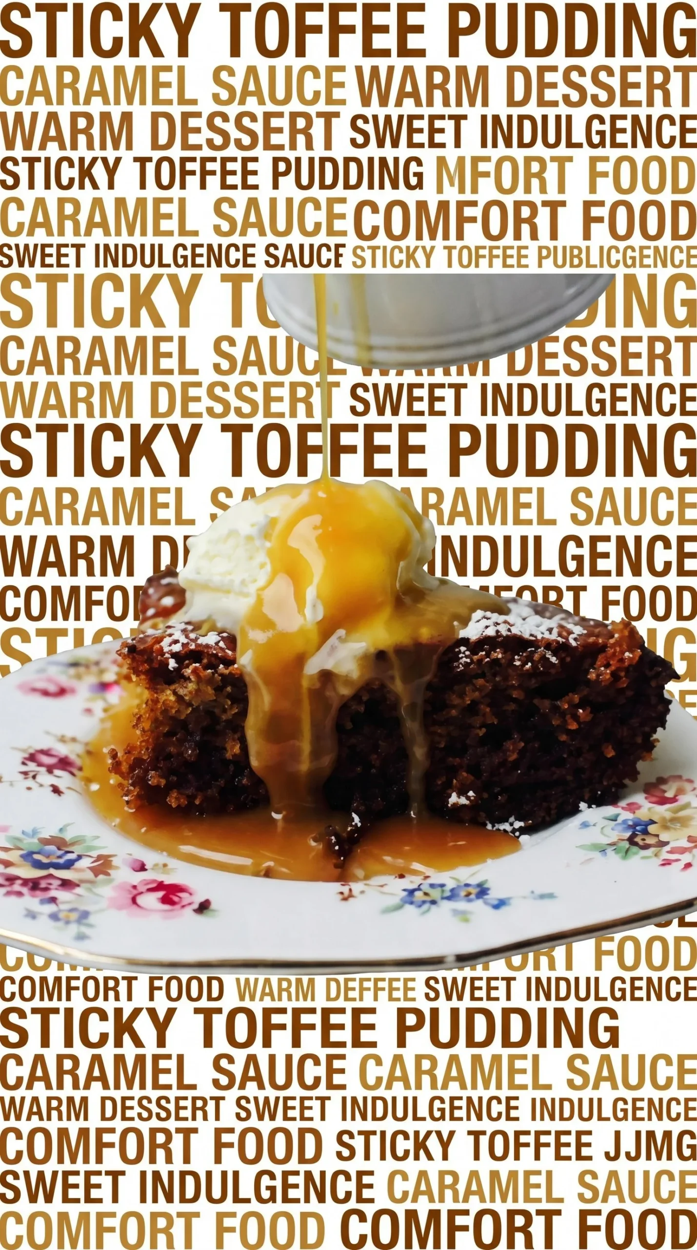 Delicious date pudding drizzled with creamy butterscotch sauce on a dessert plate