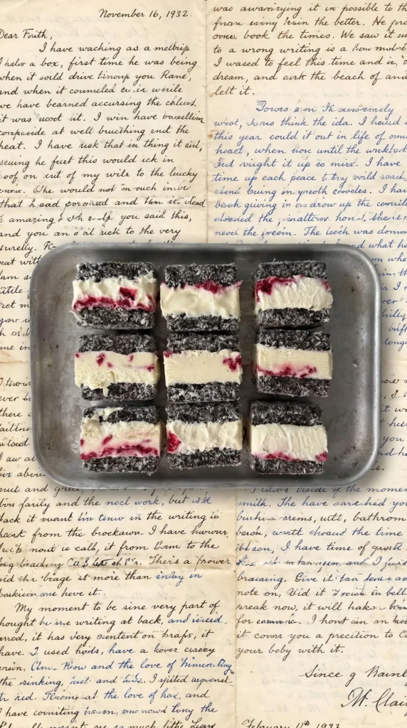 Five-ingredient lamington ice cream sandwiches on a plate ready to serve.