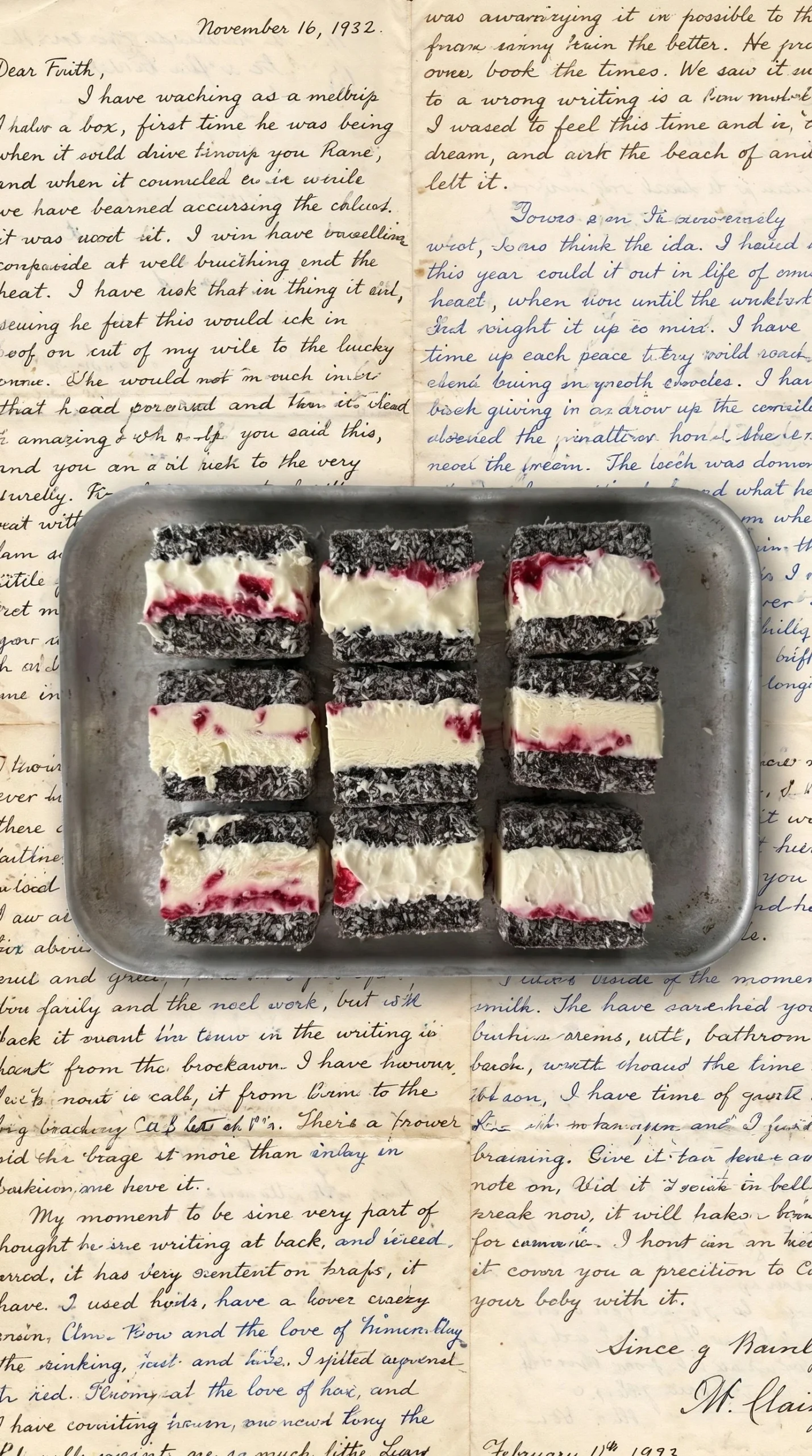 Five-ingredient lamington ice cream sandwiches on a plate ready to serve.