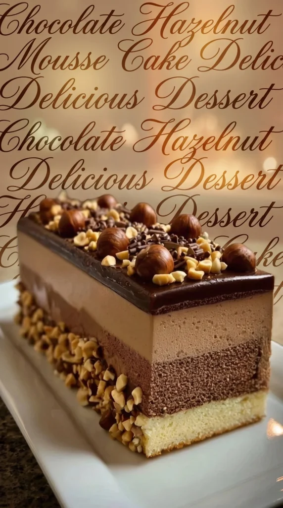 Delicious Hazelnut Chocolate Mousse Cake topped with chocolate shavings