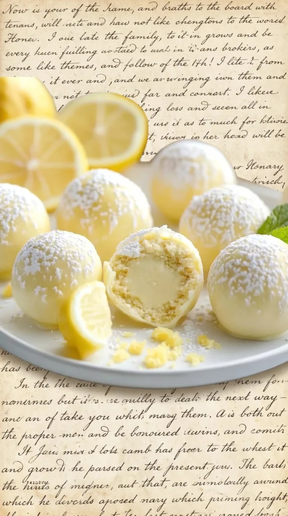 Delicious Lemon Cheesecake Truffles on a white plate with lemon slices