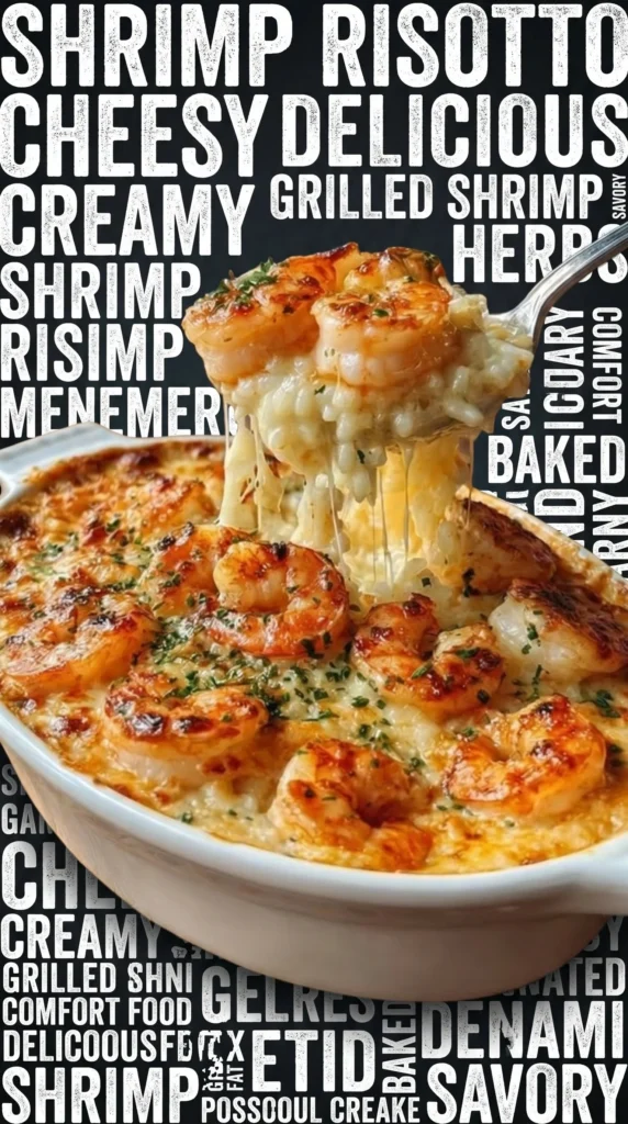 Ultimate Cheesy Garlic Shrimp Rice Bake with shrimp, garlic, and cheese
