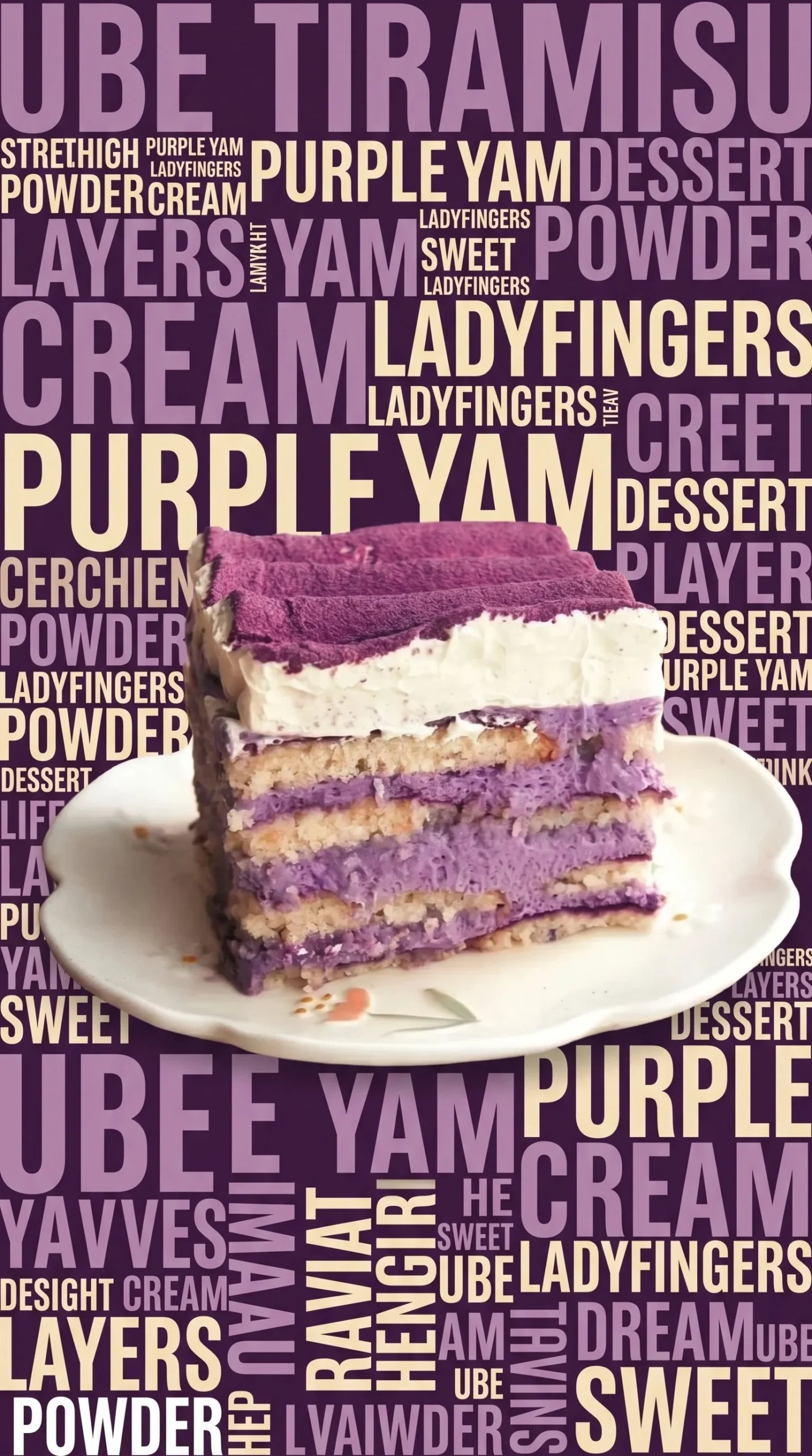 A slice of Vegan Purple Yam Tiramisu with rich layers and vibrant purple color.